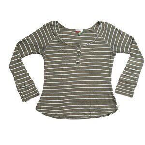 ModCloth Fervour Shirt Womens Medium Olive White Striped Henley Stretch USA